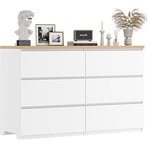 White Dresser for Bedroom, 48'' Modern 6 Drawer Dresser with Deep Drawer,Wide Storage Chest of Drawer with Oak Top,Bedroom Storage Furniture Organizer,TV Stand for Living Room