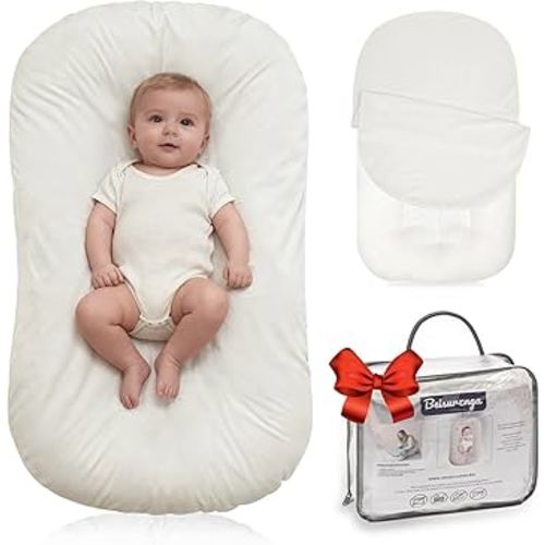 Baby Lounger for Newborn - Snuggle Cozy Me Lounger | Breathable Soft Cotton, 0-24 Months Portable Playtime Baby Nest, Newborn Baby Essentials Gifts- White (1 Lounger + 1 Cover)