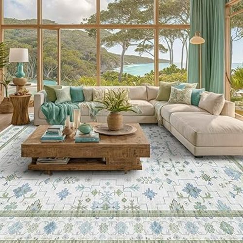 Blue and Green Living Room Rug 7x10 - Cream Oushak Vintage Boho Floral Farmhouse, Washable Low Pile Non-Slip Extra Large Area Rugs for Bedroom, Kids, Lounge