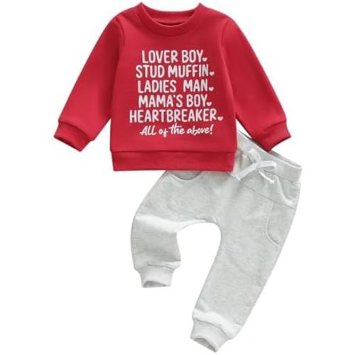 Toddler Baby Boy Girl Valentines Day Outfits Letter Print Sweatshirt Shirt Jogger Pants Set Infant Spring Clothes