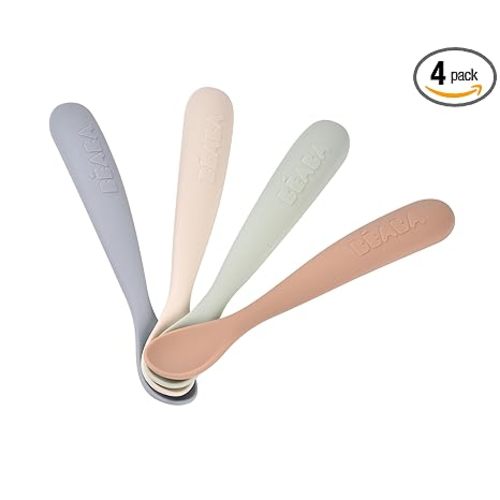 BEABA First Stage Baby Feeding Spoon Set, The Original Soft Tip Silicone Spoons for Babies, Gum Friendly BPA Lead Phthalate and Plastic Free, Great Gift Set (4 Pack), Natural
