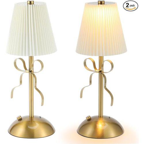 2 Pack Small Gold Bow Table Lamp 12 Inch for Girl's Bedroom Cute Coquette Bow Table Lamp with Fabric Shade Modern Decorative Bedside Light Small Princess Desk Lighting Boho Living Room(White)