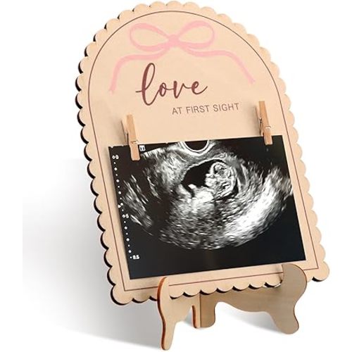 Vicenpal Pink Bow Wooden Ultrasound Picture Frame - Coquette Double Sided Sign for the Announcement of Your Pregnancy - Nursery Decor Sonogram Photo Frame & Pregnancy Gift for First Time Moms