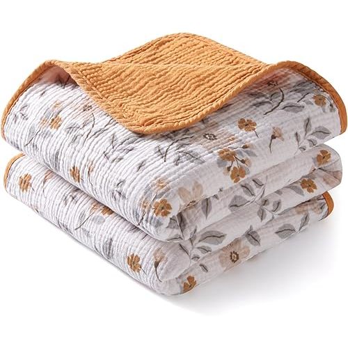 TILLYOU Muslin Baby Blankets for Girls Boys, Soft Cotton Baby Blankets, 40x40 Inches Breathable Swaddle Blanket for Baby Kids Toddler, Yellow Flower