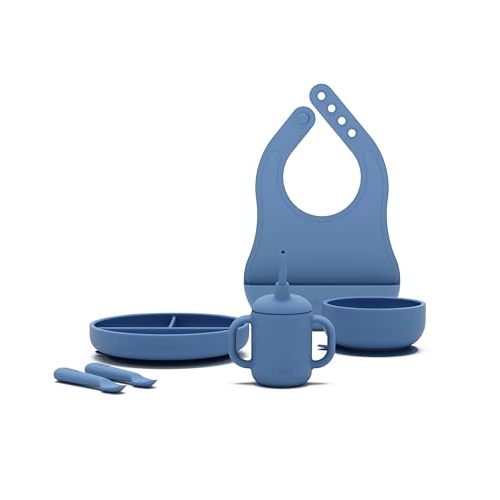 Lalo First Bites Silicone Baby Feeding Set - Baby Led Weaning Supplies - Non-Toxic Silicone - Includes 1 Bib, 2 Spoons, Training Cup, Suction Plate and Bowl - 6 Pieces - Blueberry