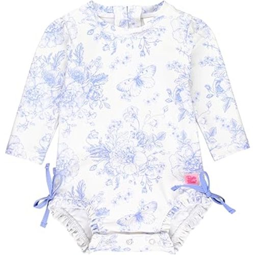 RuffleButts Baby Girls UPF 50+ Sun Protection Floral Printed Long Sleeve One Piece Rash Guard Swimsuit with Zipper