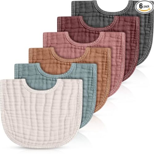 Frienda 6 Pcs Muslin Bibs Burp Cloths for Baby Teething Bandana Bibs 6 Absorbent Layer for Baby Boy Girl Cotton Burping Cloth(Elegant Color)