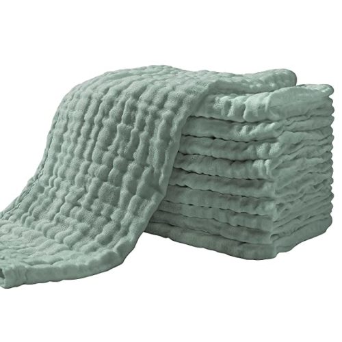 Yoofoss Muslin Burp Cloths for Baby 10 Pack 100% Organic Cotton Baby Washcloths for Boys Girls Large 20''X10'' Super Soft and Absorbent Dark Green