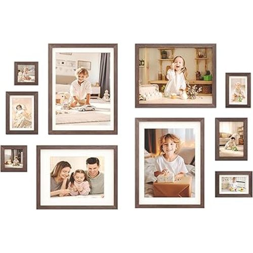 Egofine Picture Frame Set 10 Pack, Picture Frames Collage Wall Decor with Two 12x16,Two 11x14,Two 5x7,Two 4x6,Two 4x4 for Wall and Tabletop, Made of Solid Wood, Covered by Plexiglass, Rustic Brown