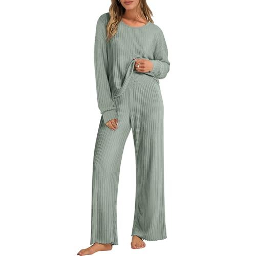 ANRABESS Women 2 Piece Lounge Pajamas Sets Casual Ribbed Knit Long Sleeve Top Pants Matching Set 2025 Fall Outfits Clothes