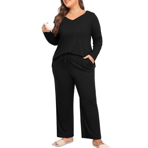 Women's Plus Size 2 Piece Pajama Lounge Sets Knit Outfits Long Sleeve V Neck Tops Wide Leg Pants with Pockets