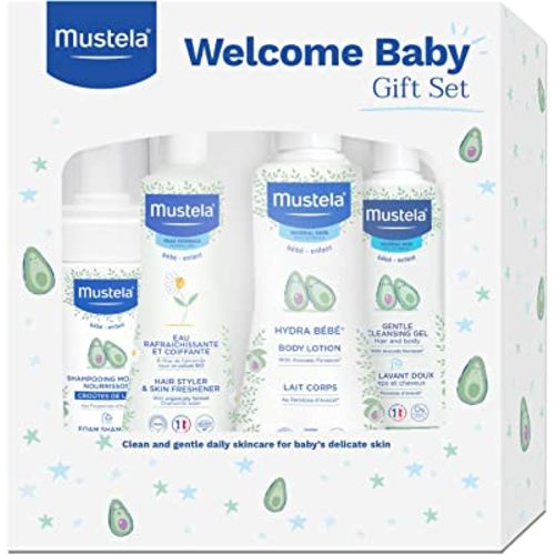 Mustela Welcome Baby Gift Set - Clean & Gentle Skincare & Bath Time Essentials for Baby's Delicate Skin - Natural & Plant Based - 4 Items Set