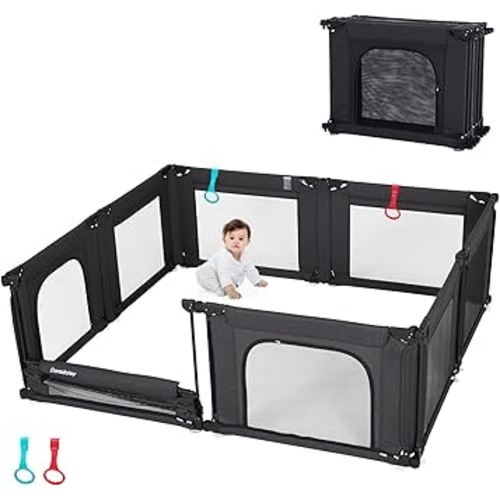 Baby Playpen Foldable Large Play Pen for Toddlers 1-3, 59X59X27in Pre-Assembled Playard for Indoor, Doradotey Adjustable Mesh Breathable Floor Playpen Certified Safe Baby Product