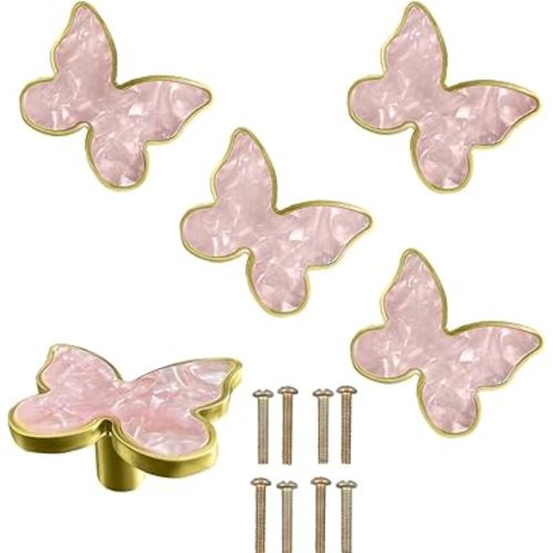 6 pcs Butterfly Shape Knobs Handle Gold Cabinet Knobs Decoration Door Handle Single Hole Handles Cabinet Drawer Dresser Kitchen Wardrobe Furniture Hardware Pulls (Pink)