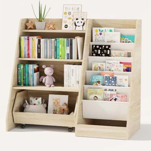 Kids Bookshelf and Toy Storage, 4 Tier Toddler Bookshelf with Movable Drawer 5 Sling Pockets, Montessori Book Shelf for Kids Room, Playroom, Nursery (Oak)