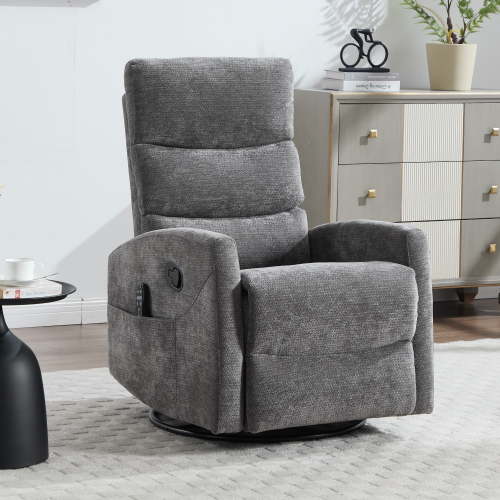 HSUNNS 360° Swivel Rocker Recliner Chair with Heat Massage, Chenille Manual Single Rocker Sofa Recliner Chair with Side Pockets for Living Room Home Theater, Dark Grey