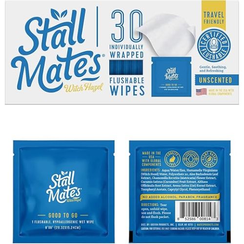 Stall Mates Wipes Witch Hazel: Flushable Wipes | Individually Wrapped | Travel Friendly | Soothing Witch Hazel | Unscented with Cucumber, Aloe and Chamomile | (30 on-the-go singles)