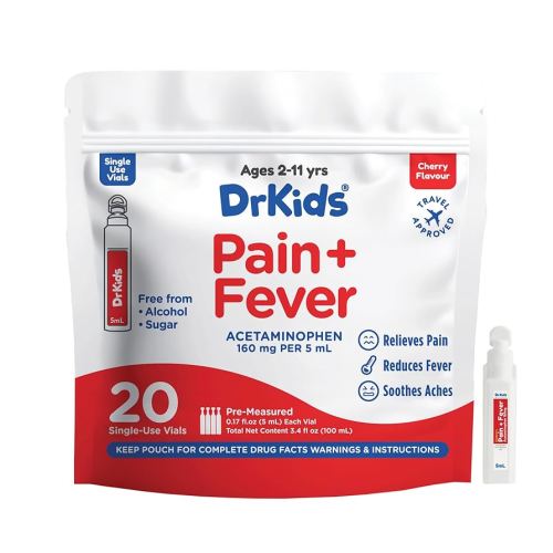 Dr. Kids Children’s Pain and Fever Medicine - Acetaminophen for Kids Ages 2-11, Pre-Measured Single-Use Vials for Headache, Sore Throat, Cold and Flu, Cherry Flavor, 20 Count (Pack of 1)