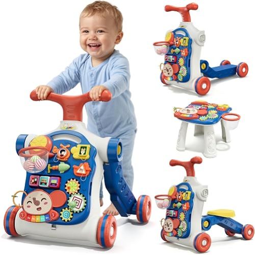 HYES 5 in 1 Baby Push Walker for Baby Boy, Activity Center Learning to Walk, Sit to Stand, Early Learning Push Toys for Infant 12 Months, Walking Toys Gift for Toddler Boys, Blue