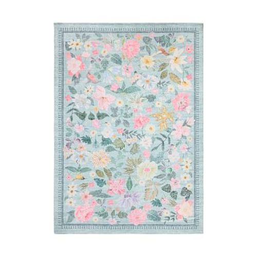 Floral Washable Rug , 8x10 , Aqua Multi