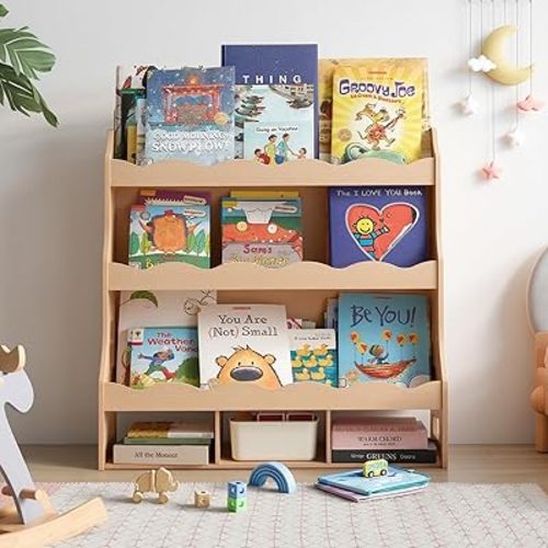 wiqins 4-Tier Kids Book Shelf, Wooden Toddler Bookshelf with Toy Organizer, Montessori Nursery Bookcase for Boys Girls Bedrooms Playroom Classroom