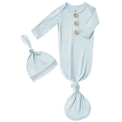 Newborn Baby Boys Girls Knotted Gown Hat Set Soft Bamboo Viscose Infant Sleeper Baby Sleep Gown with Mittens