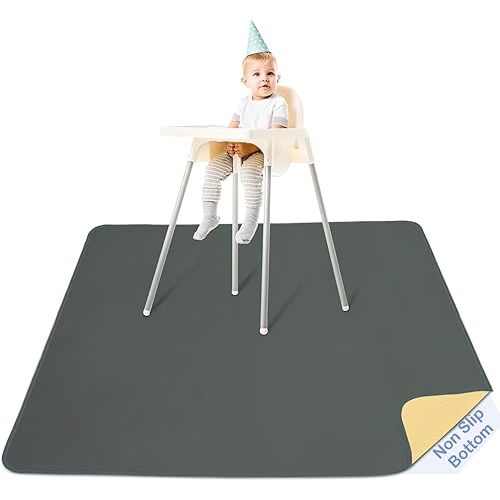 Basumee Splat Mat High Chair Mat Waterproof Baby Play Splat Mat for Under High Chair Food Catcher Highchair Mat for Floor Non Slip Bottom, Gray, 46x42 Inches