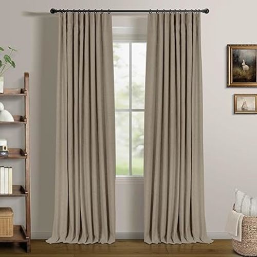 INOVADAY 100% Blackout Curtains for Bedroom, Black Out Curtains 84 Inch Long, Clip Rings Linen Blackout Drapes, Thermal Insulated Room Darkening for Living Room, 2 Panels - Earthy Beige,W50xL84