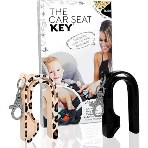 The Car Seat Key - Original Car Seat Key Chain Buckle Release Tool - Easy Unbuckle Opener Aid for Nails, Parents, Grandparents & Older Children by NAMRA Made in USA (2 Pack, Leopard & Black)