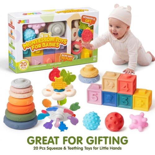 Joyfy Montessori Baby Toys for 6-18 Months Pull String Teether Stacking Blocks Sensory Shapes Colorful Storage Bin 4 in 1 Toddlers Toy