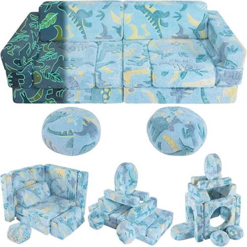 13-Piece Children's Play Sofa, foam modular children's sofa, light-up toddler sofa, convertible baby play sofa, suitable for playrooms and bedrooms.(Blue)