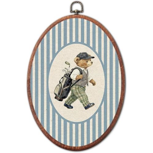 XSTWLJ Vintage Bear Golf Nursery Oval Wall Art, Blue Striped Canvas Prints Framed, Retro Decor Wall Art Hanging Decor for Bedroom Kids Toddler Room Playroom Decoration, 8.6x11.4 Inch