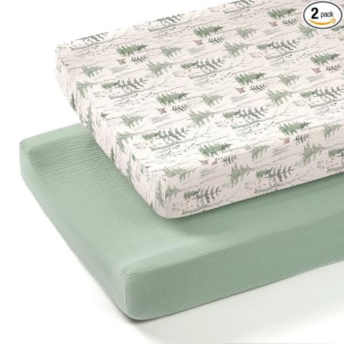 lulumoon Muslin Changing Pad Cover: 2-Pack Soft Breathable Cotton Boho Forest Print for Baby Boys - Nursery & Baby Shower