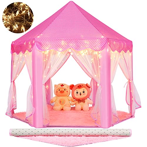 Princess Tent Girls Large Playhouse Kids Castle Play Tent with Star Lights Toy for Children Indoor and Outdoor Games, 55'' x 53'' (DxH) (Pink Princess with Play Mat)
