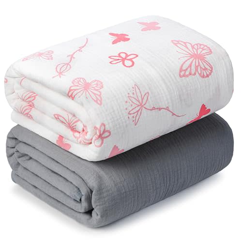 Muslin Swaddle Blankets for Newborn, 2 Pack Breathable Soft Receiving Blanket, Large 41 x 41 inches Swaddle Wrap Burping Clothes, Essentials Infant Shower Items. (Gray & Pink Butterfly)