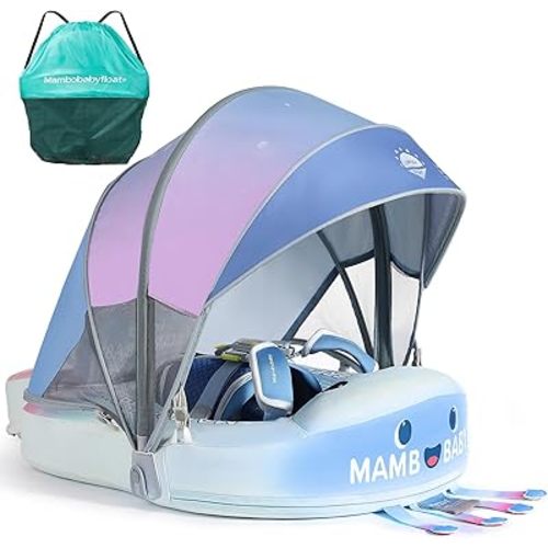 Mambobaby Float with Canopy & Portable Backpack Skin-friendly Baby Swim Float with Tail Waterproof Non-Inflatable Mambo Float Smart Swim Trainer Soft Solid Infant Pool Float 3-24 months Baby Swim Ring