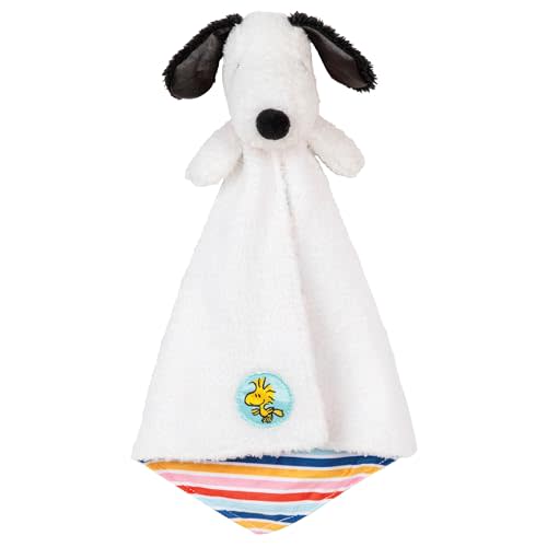 Kids Preferred Peanuts Snoopy Baby Blanket - Ultra Soft, Striped Details, Snoopy Lovey, Satin Accents, Ages 0 Months and Up, Woodstock Applique, 15 In