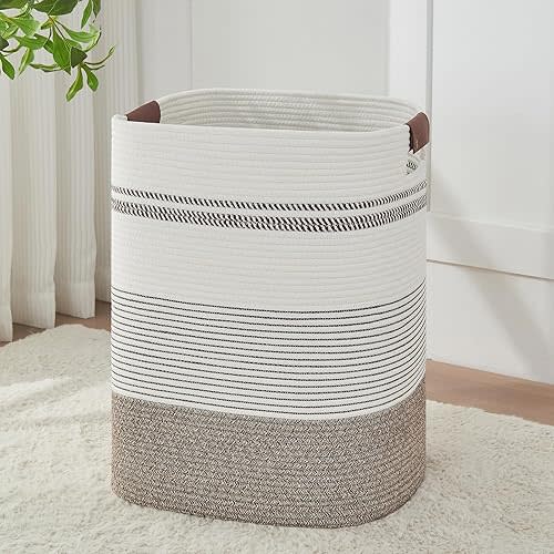 AINUOQI Laundry Hamper - Tall Woven Rope Laundry Basket - Clothes hamper with Leather Handles, 17" X 13.8" X 22", Blanket Storage Basket for Living Room, Rice Brown & White