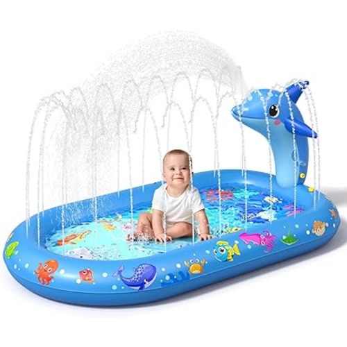 Splash Pad for Toddlers 1-3, Dolphin Inflatable Baby Pool Sprinkler for Kids, 3-in-1 Baby Splash Pads Outdoor Play Mat, Backyard Summer Water Toys Birthday Gift for 1+ Year Old Girls Boys