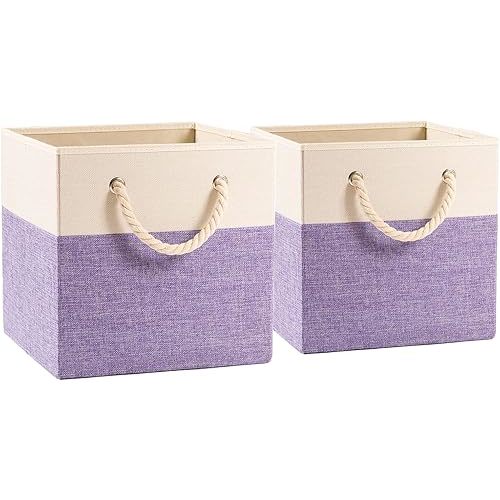 PRANDOM Large Foldable Cube Storage Bins 11x11 inch [2-Pack] Fabric Linen Storage Baskets Cubes Drawer with Cotton Handles Organizer for Shelves Nursery Closet Bedroom Purple