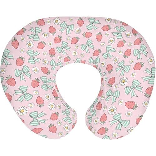 Pink Strawberry Green Bows Daisy Baby Nursing Pillow Covers for Boy Girl Strawberries Bows Nursing Slipcovers for Breastfeeding Pillows Cute Summer Fruit Soft Stretchy Cover for Newborn Infant