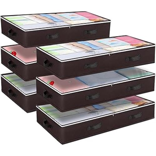 Budding Joy 6 Pack 90L Under bed Storage Containers Organizer Large Capacity Underbed Clothes Storage Bins Organization and Storage Bedroom Foldable Storage Bags with Clear Window Brown