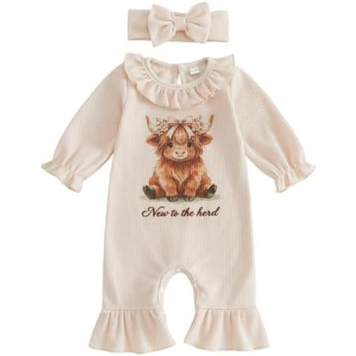 Newborn Baby Girl Western Clothes Cowgirl Outfit New to the Herd Highland Cow/Pony Romper Long Sleeve Waffle Jumpsuit