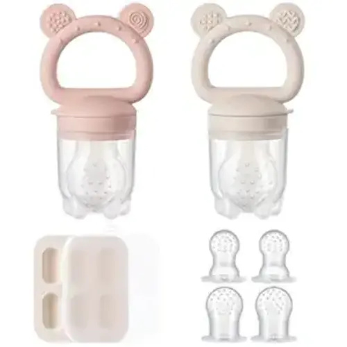 2 Pack Silicone Baby Fruit Feeder with Mini Freezer Tray, Breastmilk Popsicle Molds for Baby Teething Relief, Fresh Food Feeder for Safe Infant Self Feeding, Extra Food Pouches - Pink