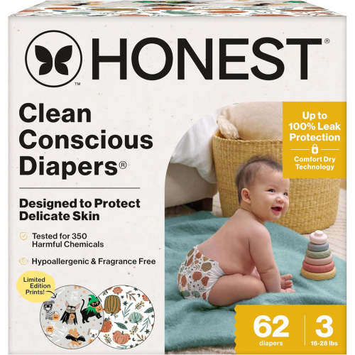The Honest Company Comfort Dry Disposable Daytime Diapers for Sensitive Skin, Hypoallergenic, Fragrance-Free, Fall '25 Seasonal Prints, Club Box, Size 3 (16-28 lbs), 62 Count