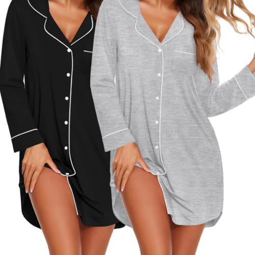 Ekouaer 2 Pack Nightgowns for Women Long Sleeve Night Shirt Button Down Sleep Shirt V-Neck Sleep Dress Pajama Sleepwear