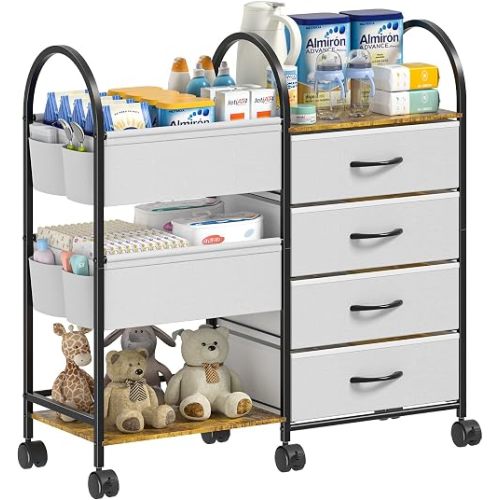 Nylaira Baby Diaper Caddy Organizer Cart with Wheels, 4-Tier Rolling Diaper Cart with Dividers and Drawers, Multi-Layer Nursery Storage for Diapers & Baby Essentials