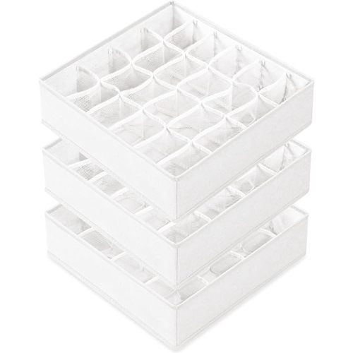 Criusia 3 Pack Sock Underwear Drawer Organizer Dividers, 64 Cell Fabric Foldable Cabinet Closet Organizers and Storage Boxes for Storing Socks, Panties, Ties (16+24+24 Cell, White)