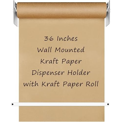 Yeaqee 36'' Wall-Mounted Kraft Paper Roll Dispenser Holder Includes 164 ft/ 50 m Long Brown Craft Paper Roll and Cutter, Display Stand for DIY Drawing, Taking Note, Artwork, to-do Lists and Ideas