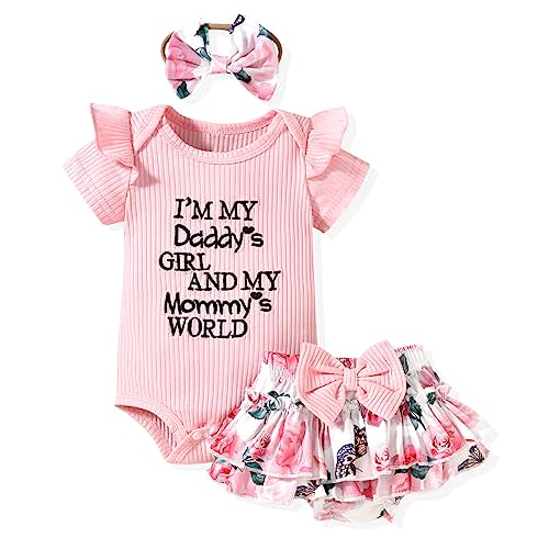 HIHA Infant Baby Girl Summer Clothes Letter Print Bodysuit Floral Shorts Outfit with Headband